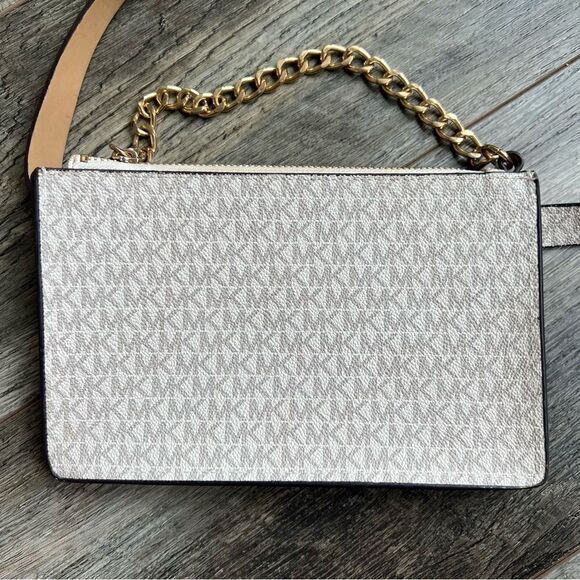 Michael Kors Mini Belt Bag Wristlet Purse Medium Cream Grey Tan Vegan Leather - Picture 5 of 12